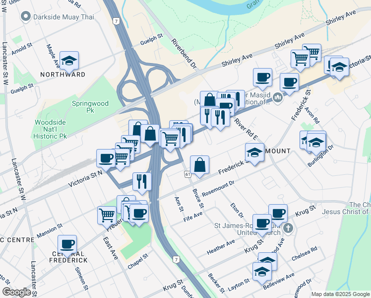 map of restaurants, bars, coffee shops, grocery stores, and more near 809 Victoria Street North in Kitchener