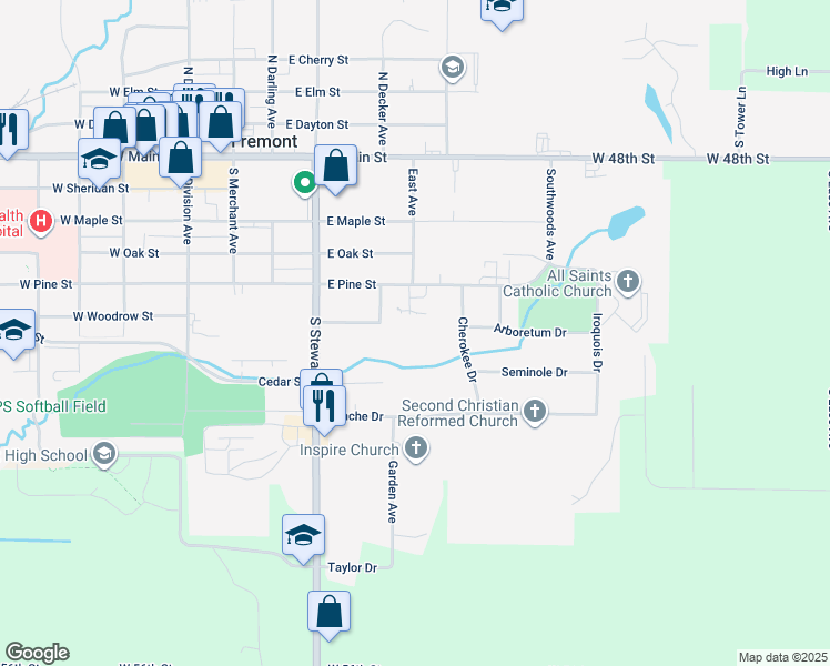 map of restaurants, bars, coffee shops, grocery stores, and more near 450 East Pine Street in Fremont