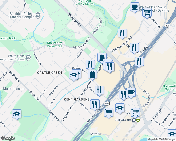 map of restaurants, bars, coffee shops, grocery stores, and more near 1120 Queens Avenue in Oakville