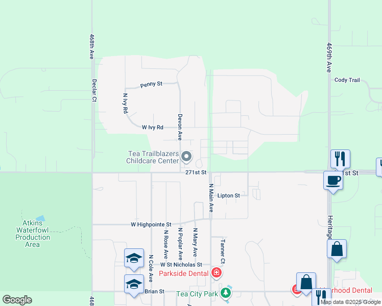 map of restaurants, bars, coffee shops, grocery stores, and more near 210 Jerry Place in Tea