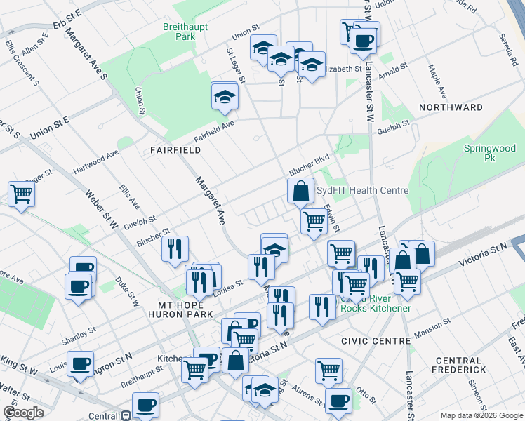 map of restaurants, bars, coffee shops, grocery stores, and more near 19 John Russell Lane in Kitchener