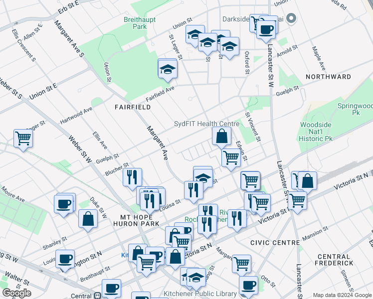 map of restaurants, bars, coffee shops, grocery stores, and more near 64 Robert Peel Road in Kitchener