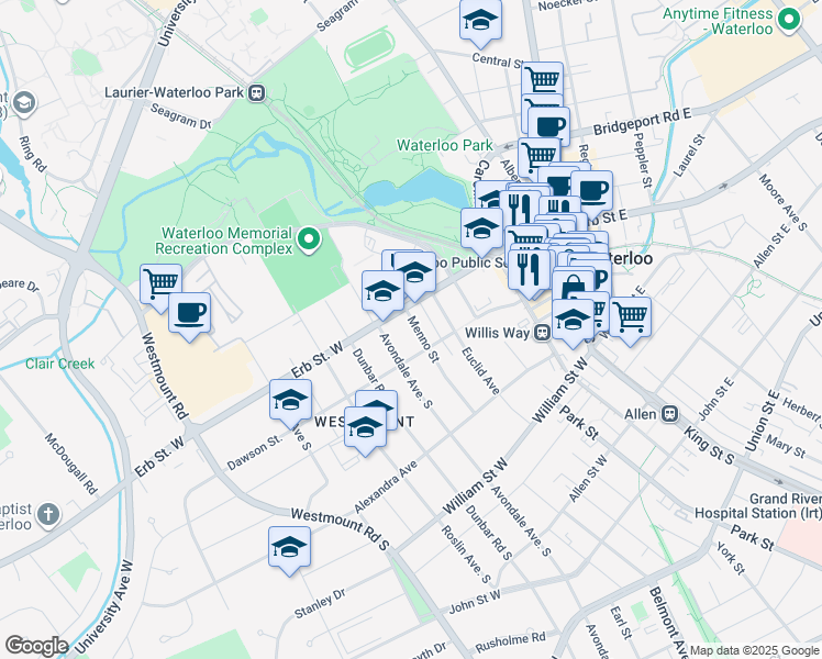 map of restaurants, bars, coffee shops, grocery stores, and more near 11 Menno Street in Waterloo