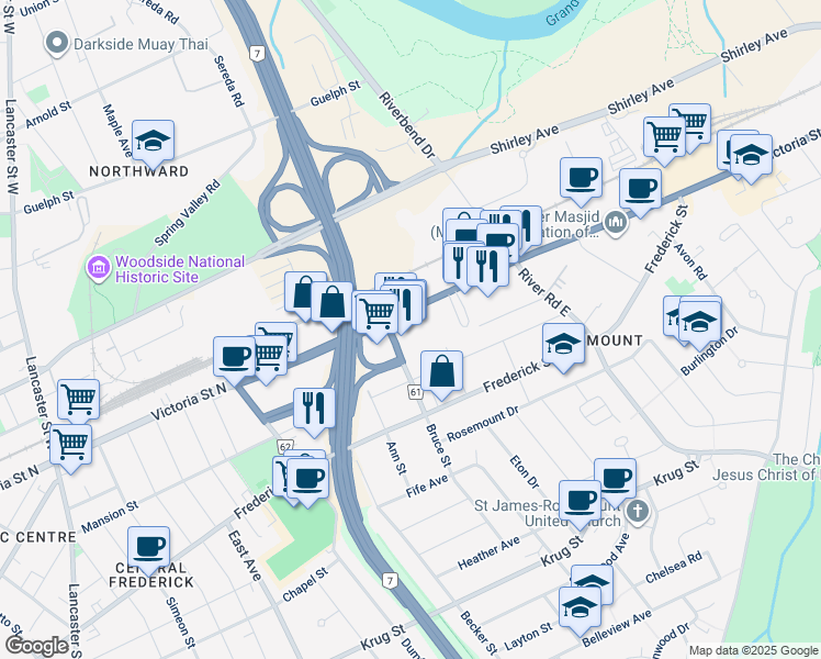 map of restaurants, bars, coffee shops, grocery stores, and more near 809 Victoria Street North in Kitchener