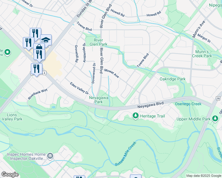 map of restaurants, bars, coffee shops, grocery stores, and more near 453 Levanna Lane in Oakville