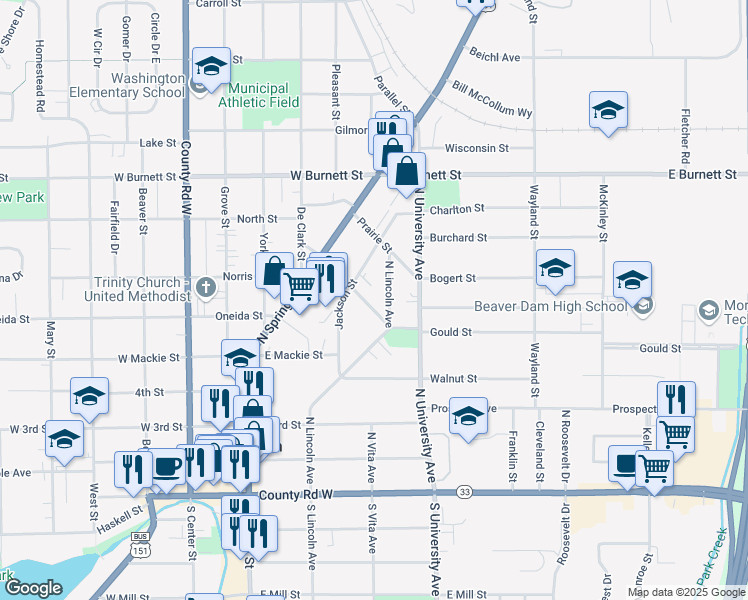 map of restaurants, bars, coffee shops, grocery stores, and more near 218 East Main Street in Beaver Dam
