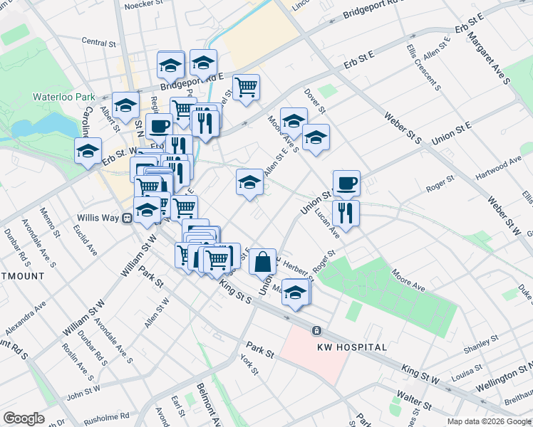 map of restaurants, bars, coffee shops, grocery stores, and more near in Waterloo