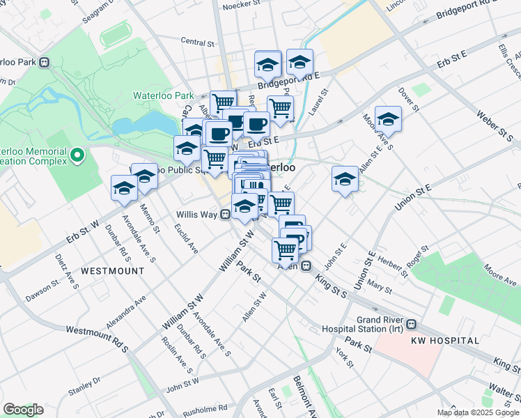 map of restaurants, bars, coffee shops, grocery stores, and more near 126 King Street South in Waterloo