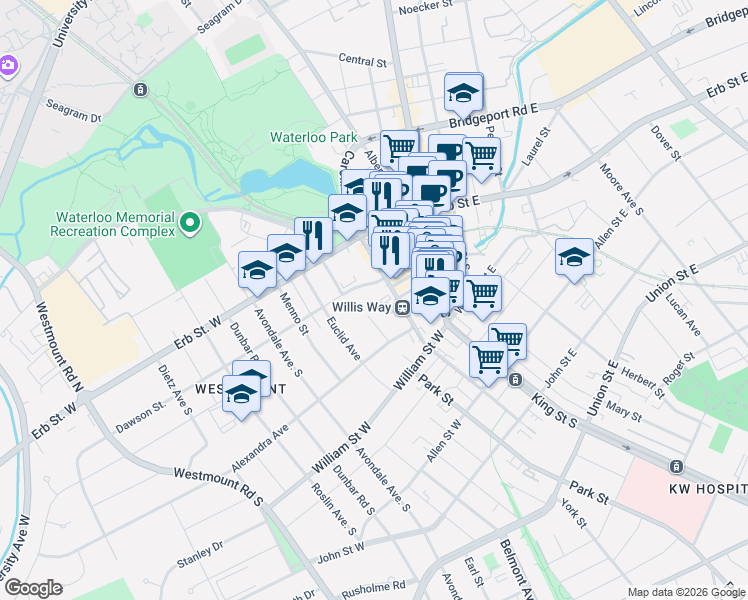 map of restaurants, bars, coffee shops, grocery stores, and more near 3 Father David Bauer Drive in Waterloo