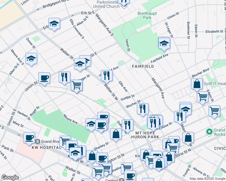 map of restaurants, bars, coffee shops, grocery stores, and more near 368 Weber Street West in Kitchener