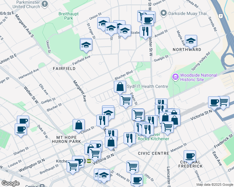 map of restaurants, bars, coffee shops, grocery stores, and more near 181 Saint Leger Street in Kitchener