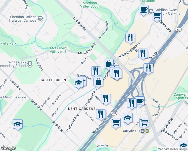 map of restaurants, bars, coffee shops, grocery stores, and more near 1120 Queens Avenue in Oakville