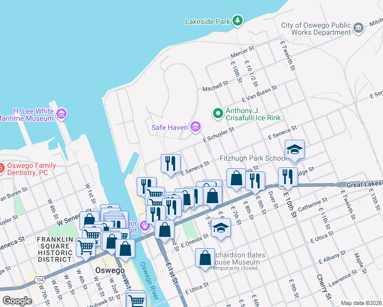 map of restaurants, bars, coffee shops, grocery stores, and more near 8 E 6th St in Oswego
