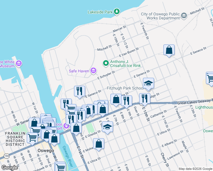 map of restaurants, bars, coffee shops, grocery stores, and more near 15 East 7th Street in Oswego