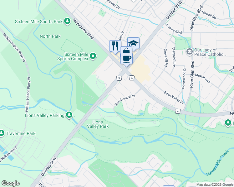 map of restaurants, bars, coffee shops, grocery stores, and more near 2433 Valley Heights Crescent in Oakville