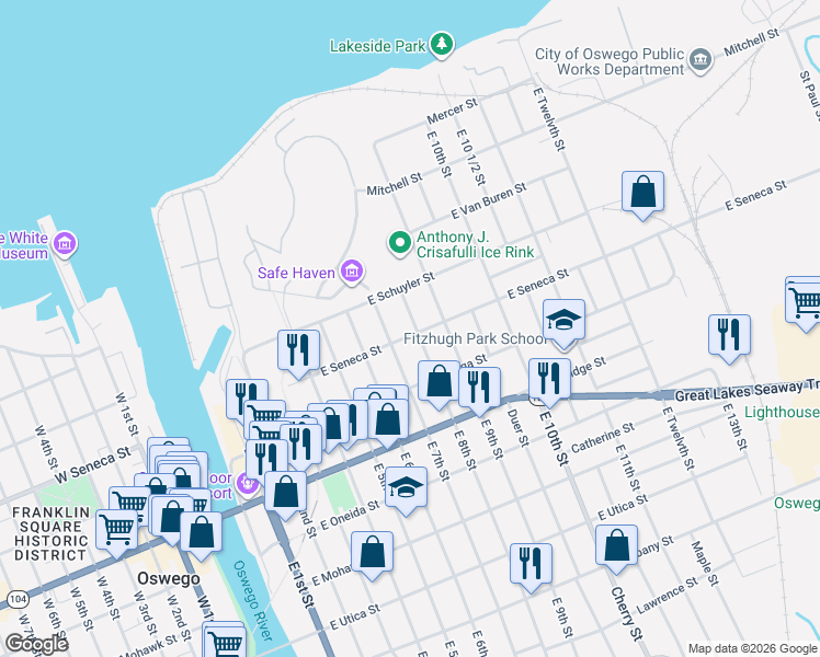map of restaurants, bars, coffee shops, grocery stores, and more near 97 East Seneca Street in Oswego