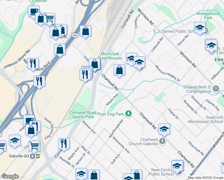map of restaurants, bars, coffee shops, grocery stores, and more near 446 Chartwell Road in Oakville