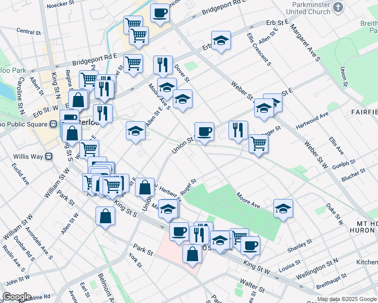 map of restaurants, bars, coffee shops, grocery stores, and more near 127 Moore Avenue South in Waterloo