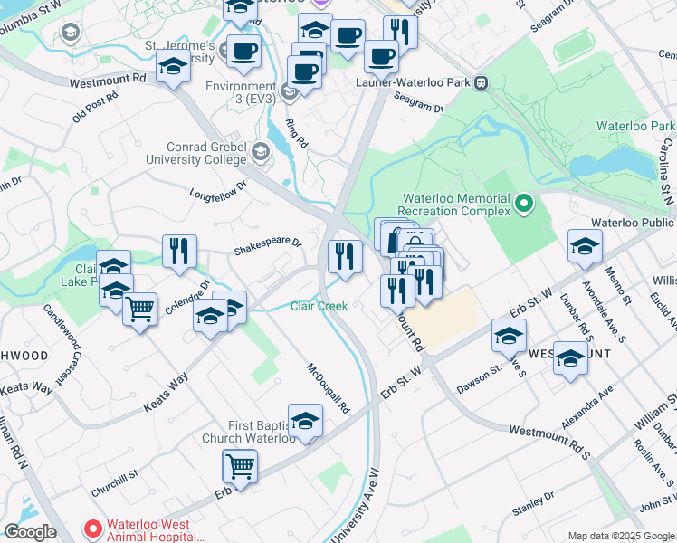 map of restaurants, bars, coffee shops, grocery stores, and more near 300 Westcourt Place in Waterloo