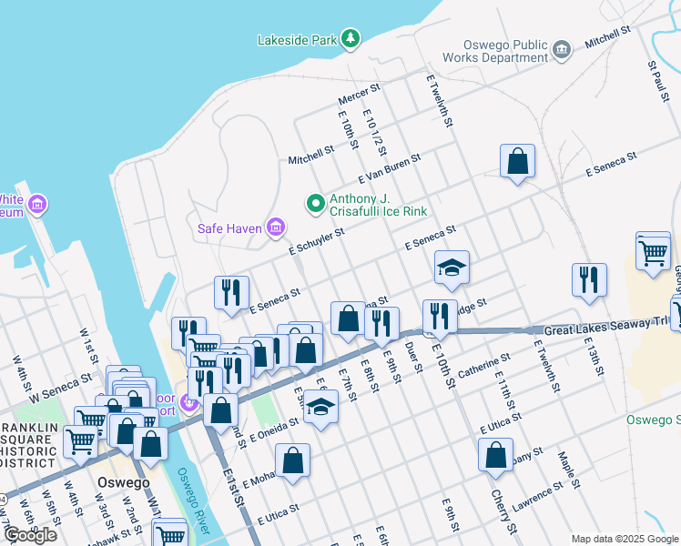map of restaurants, bars, coffee shops, grocery stores, and more near 97 East Seneca Street in Oswego