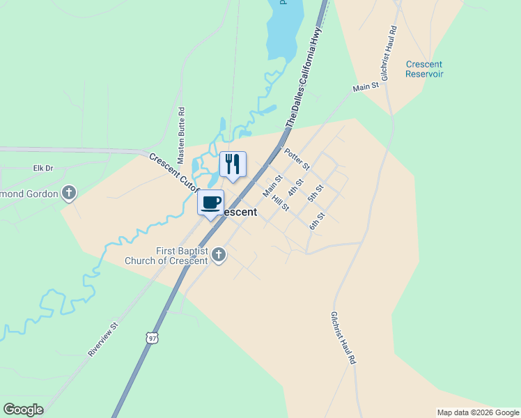 map of restaurants, bars, coffee shops, grocery stores, and more near 136727 Main Street in Crescent