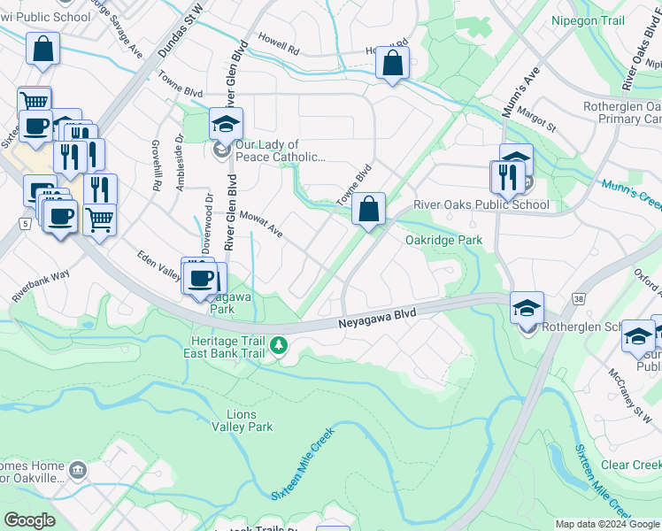 map of restaurants, bars, coffee shops, grocery stores, and more near 400 Carrier Lane in Oakville
