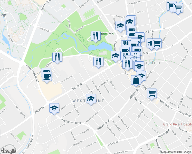 map of restaurants, bars, coffee shops, grocery stores, and more near in Waterloo