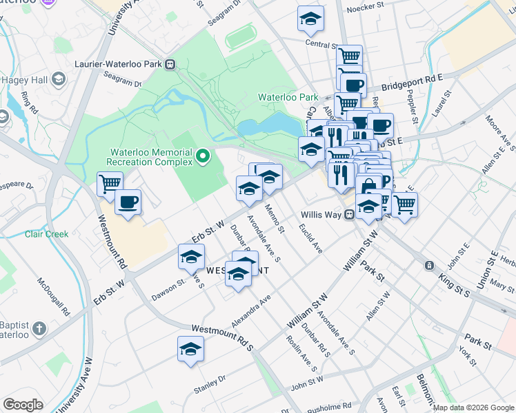 map of restaurants, bars, coffee shops, grocery stores, and more near 117 Erb Street West in Waterloo