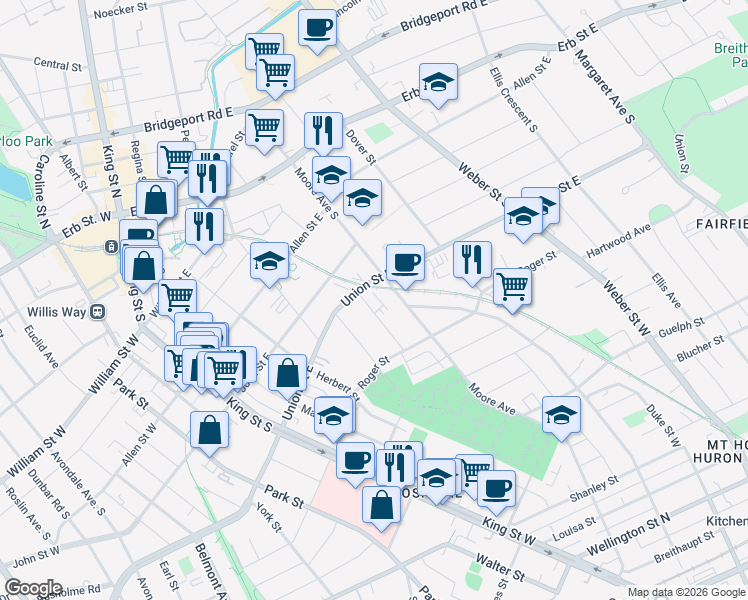 map of restaurants, bars, coffee shops, grocery stores, and more near 144 Lucan Avenue in Waterloo