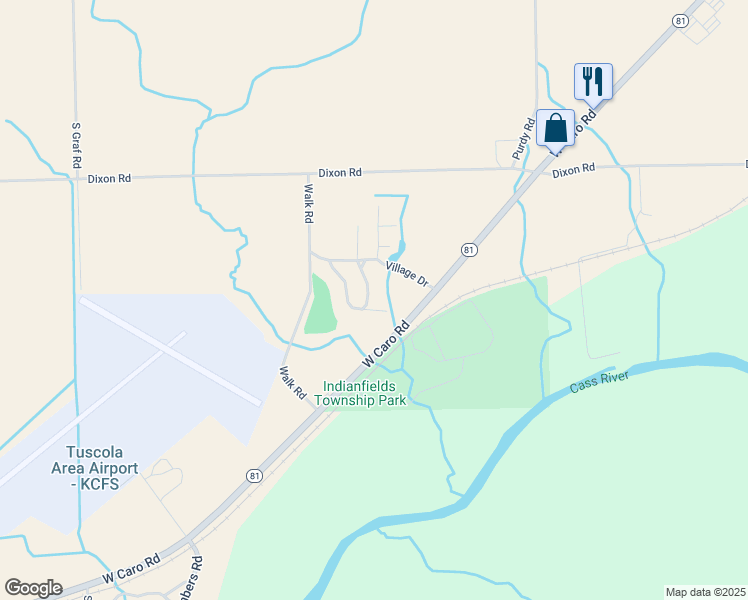 map of restaurants, bars, coffee shops, grocery stores, and more near 2115 East Evergreen Drive in Caro