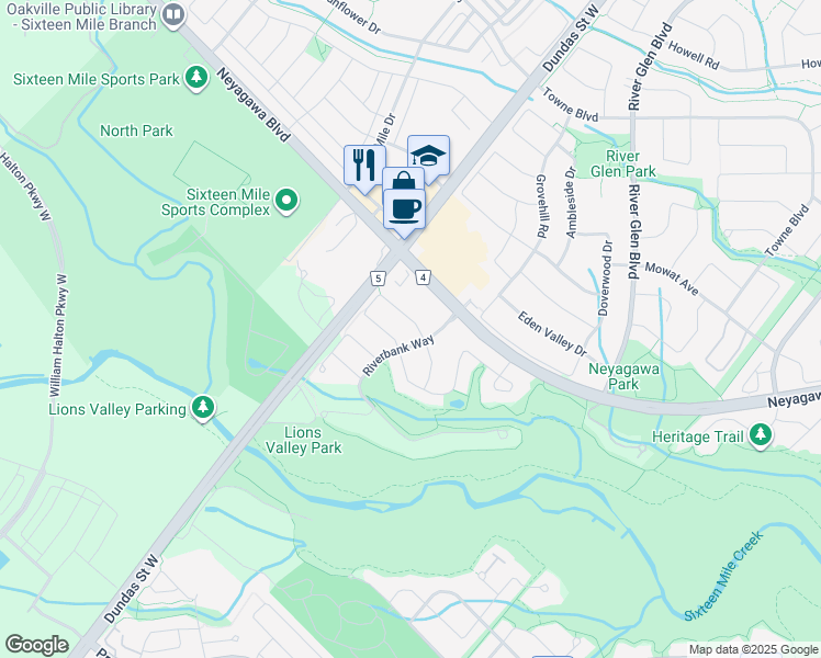 map of restaurants, bars, coffee shops, grocery stores, and more near 2386 Valley Heights Crescent in Oakville