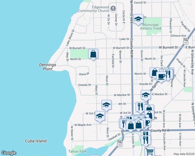 map of restaurants, bars, coffee shops, grocery stores, and more near 609 Mary Street in Beaver Dam
