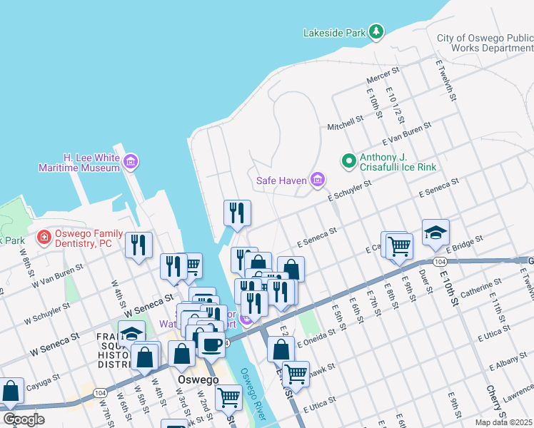 map of restaurants, bars, coffee shops, grocery stores, and more near 19 East Schuyler Street in Oswego