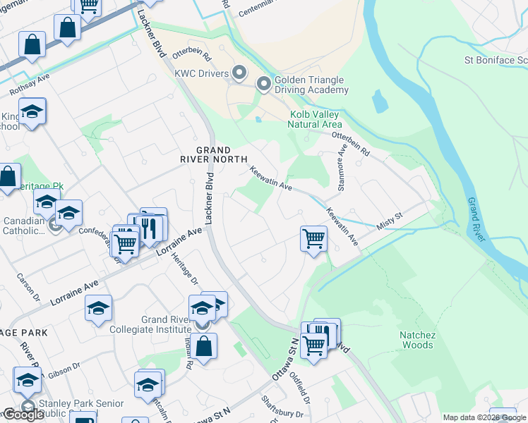map of restaurants, bars, coffee shops, grocery stores, and more near 179 Westchester Drive in Kitchener