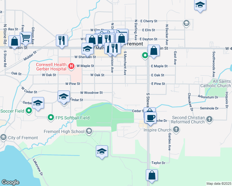 map of restaurants, bars, coffee shops, grocery stores, and more near 430 South Division Avenue in Fremont