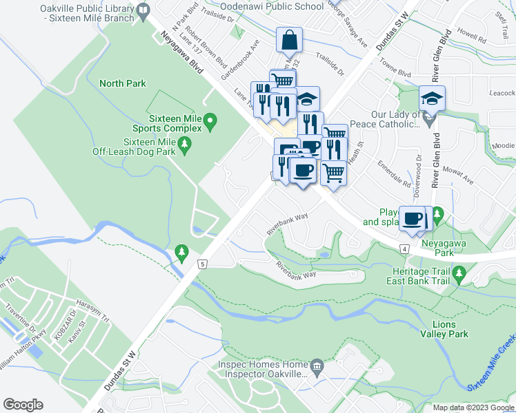 map of restaurants, bars, coffee shops, grocery stores, and more near 2472 Upper Valley Crescent in Oakville