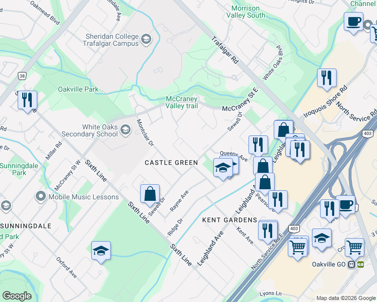 map of restaurants, bars, coffee shops, grocery stores, and more near 1295 Napier Crescent in Oakville