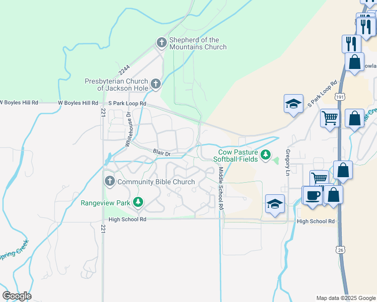 map of restaurants, bars, coffee shops, grocery stores, and more near Blair Drive in Jackson