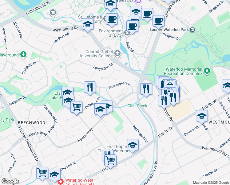 map of restaurants, bars, coffee shops, grocery stores, and more near 92 McDougall Road in Waterloo