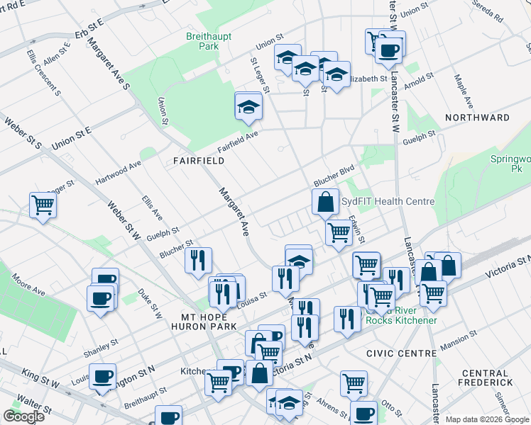 map of restaurants, bars, coffee shops, grocery stores, and more near 195 Blucher Street in Kitchener