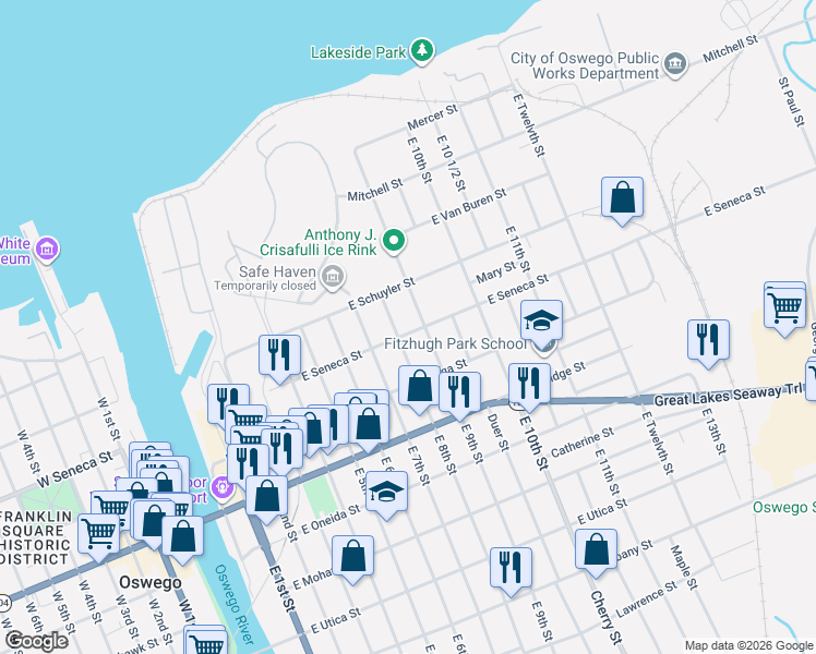 map of restaurants, bars, coffee shops, grocery stores, and more near 97 East Seneca Street in Oswego