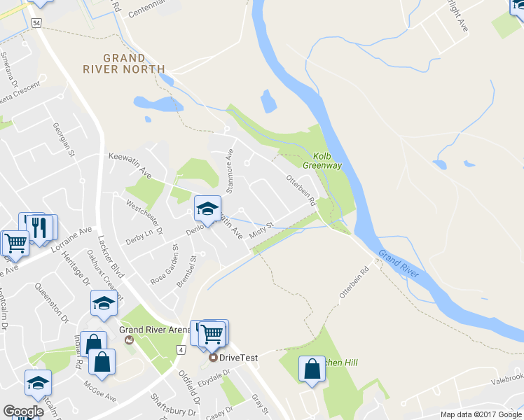 map of restaurants, bars, coffee shops, grocery stores, and more near 325 Misty Crescent in Kitchener