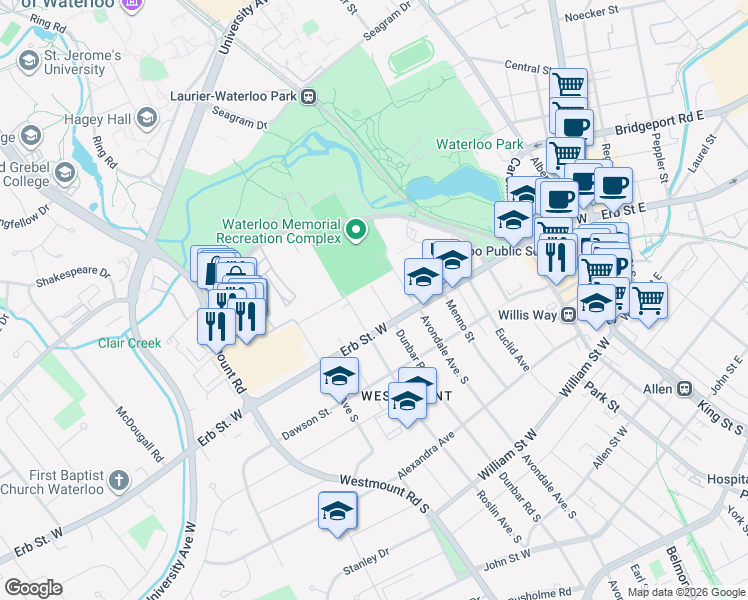 map of restaurants, bars, coffee shops, grocery stores, and more near 15 Dunbar Road North in Waterloo