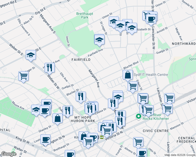 map of restaurants, bars, coffee shops, grocery stores, and more near 228 Margaret Avenue in Kitchener