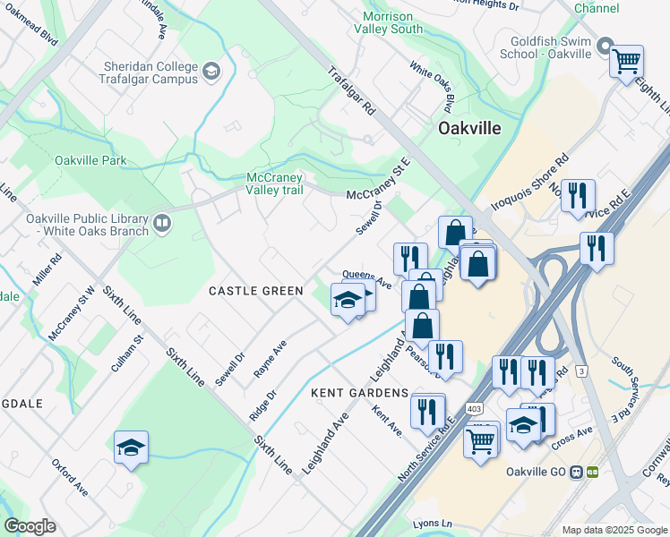 map of restaurants, bars, coffee shops, grocery stores, and more near 1181 Queens Avenue in Oakville