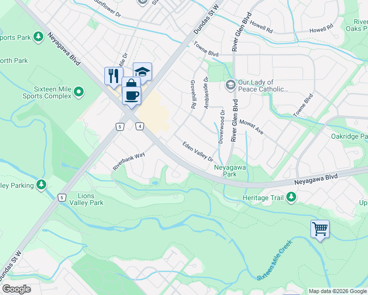 map of restaurants, bars, coffee shops, grocery stores, and more near 2410 Eden Valley Drive in Oakville