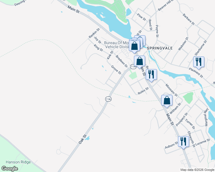 map of restaurants, bars, coffee shops, grocery stores, and more near 11 Whipple Street in Sanford