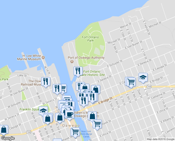 map of restaurants, bars, coffee shops, grocery stores, and more near 19 East Schuyler Street in Oswego