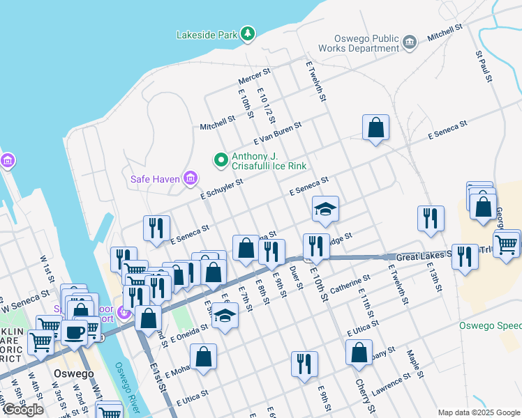 map of restaurants, bars, coffee shops, grocery stores, and more near 112 East Seneca Street in Oswego