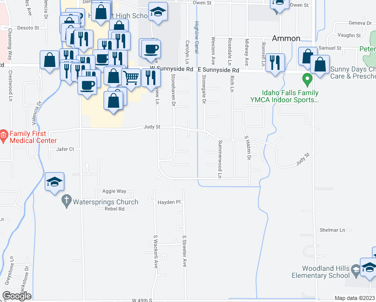 map of restaurants, bars, coffee shops, grocery stores, and more near 2960 Brownstone Circle in Ammon